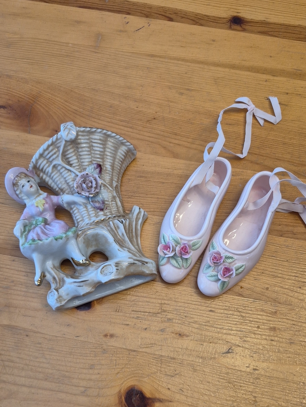 Pink Porcelain Ballet Slippers & Wall Pocket with Floral Detail